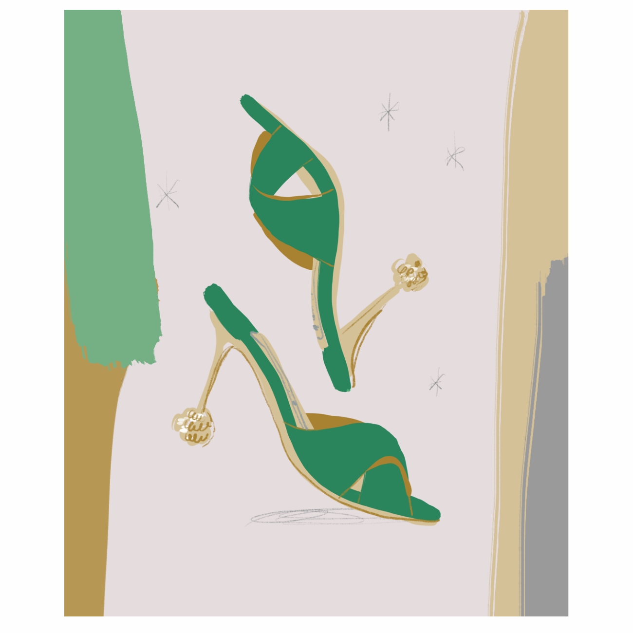 Green sandals, fashion illustration by Silvana Mariani