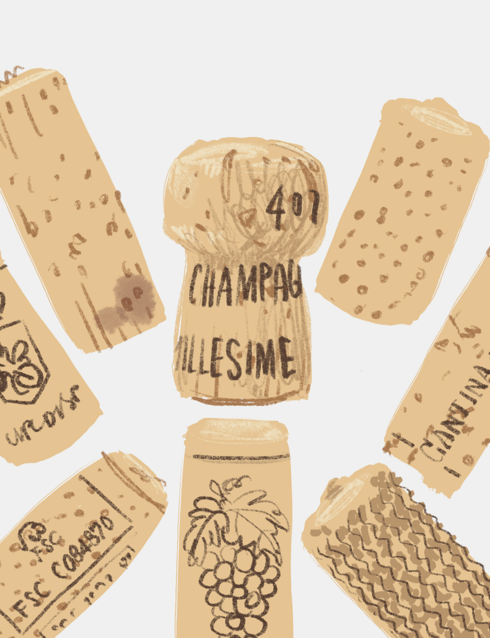 Wine corks, food illustration by Silvana Mariani