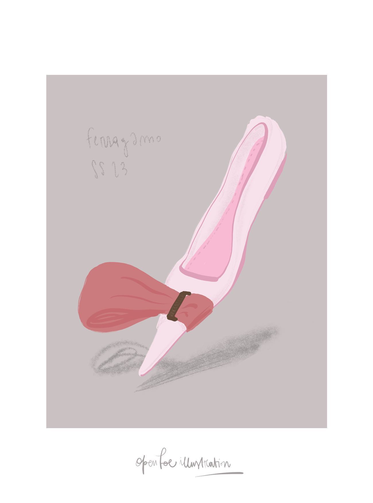 Pink shoe with half ribbon, fashion illustration by Silvana Mariani