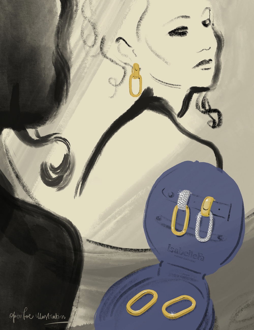 Jewelry stories, girl at the mirror, illustration by Silvana Mariani