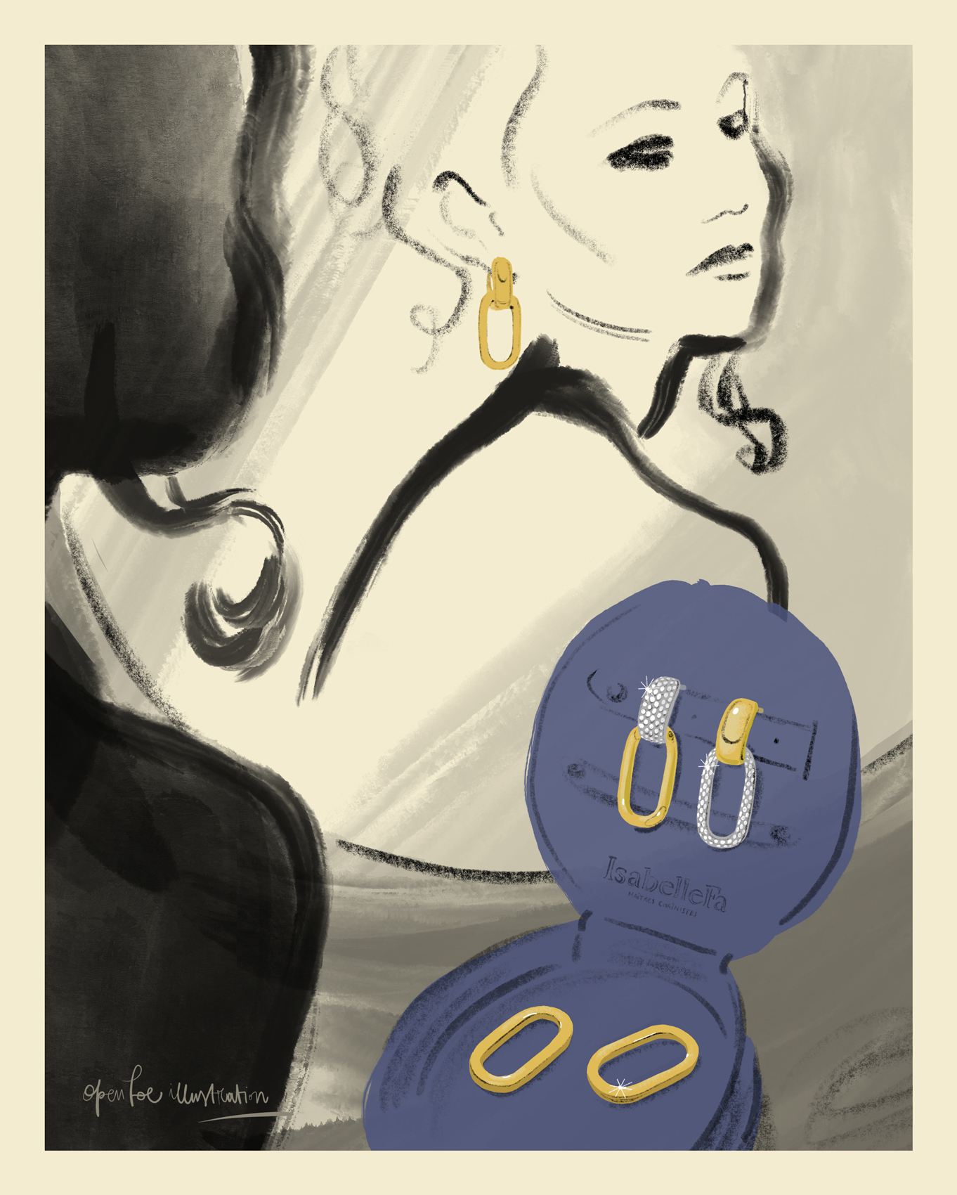 ChaCha Earrings | Open Toe Illustration Jewelry stories: combining ChaCha earrings in front of the mirror